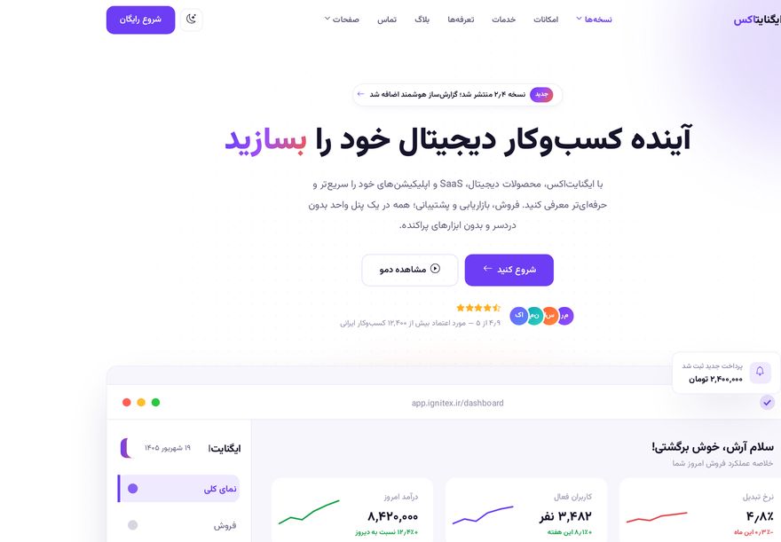 پیش‌نمایش نسخه اصلی قالب ایگنایت‌اکس؛ صفحه اصلی SaaS با داشبورد مدیریتی
