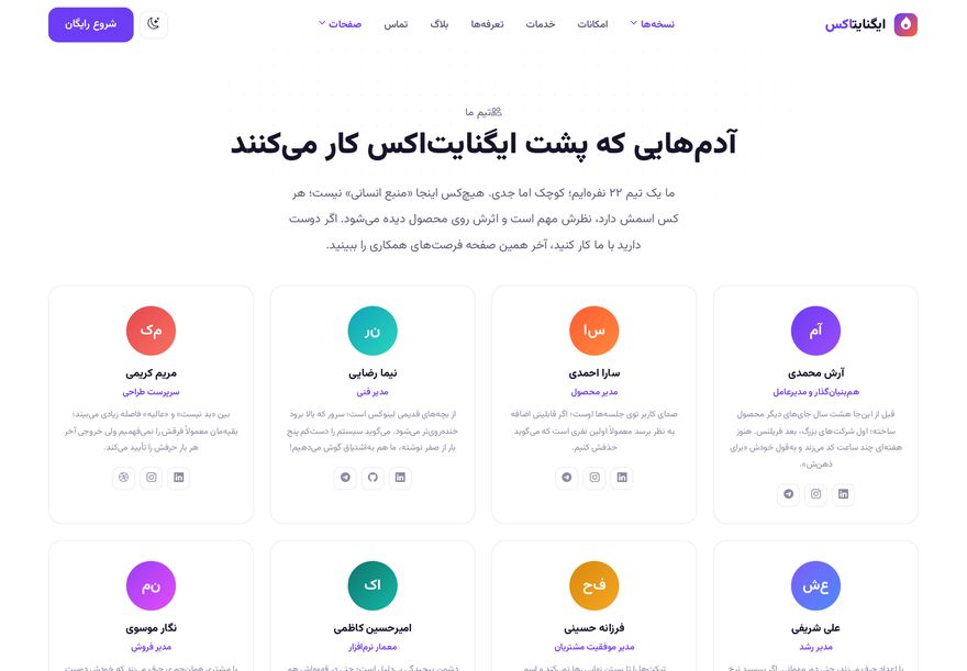 پیش‌نمایش صفحه تیم ما قالب ایگنایت‌اکس